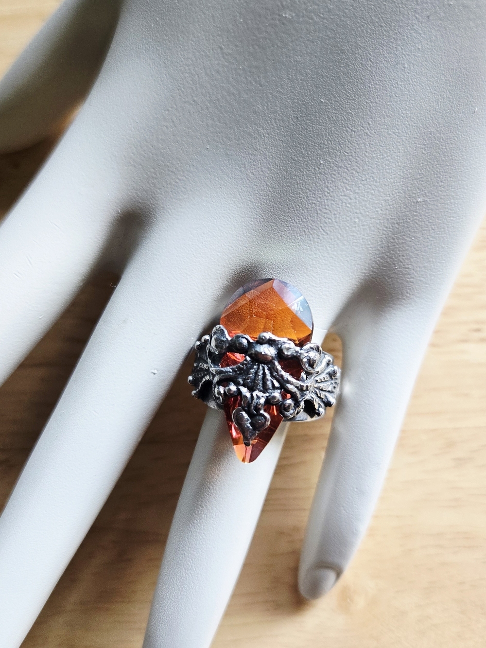 VSA Designs Antigua Crystal Wrap Orange Teardrop Ring 925 Silver Size 6.5